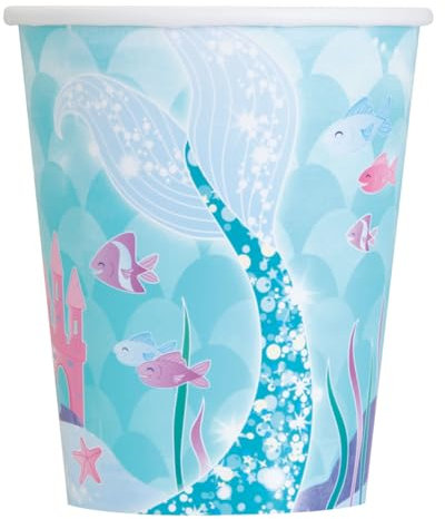 Unique 58326EU - Gobelets en Carton sans Plastique - 266ml - Fête d'Anniversaire à Thème Sirène - 8 Pièces (Lot de 1)