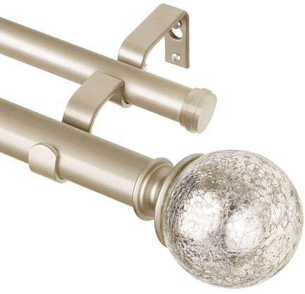 KAMANINA Double Curtain Rods 66 to 120 Inches (5.5-10 Feet), Telescoping Splicing Curtain Rod for Windows 54 to 115 Inches, 7/8 Inch Decorative Curtain Rods with Crackle Glass Finials, Champagne Gold