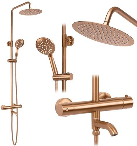 Rea Colonna doccia con termostato Lungo Copper Brush Sistema Doccia in Ottone per Bagno (Rame spazzolato)