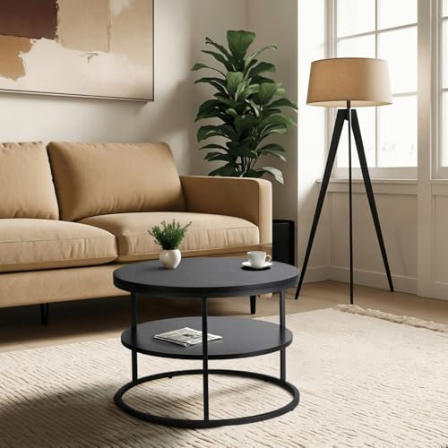 MEBEL ELITE Couchtisch Rund 70 x 49,5 cm – Modern Wohnzimmertisch Schwarz mit Stauraum – Sofatisch Rund für Wohnzimmer und Büro – Runder Tisch mit pflegeleichter Oberfläche