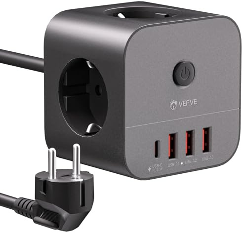VEFVE Regleta Cubo 20W USB C con Cable 3m e Interruptor, Negro | 3 Tomas y 4 USB. 20W PD para iPhone 17 y S26. 3680W con protección infantil. Ideal para casa y oficina