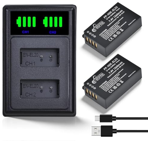Pickle Power 2-Pack EN-EL20a EN-EL20 Battery and Type-c Charger for Nikon Coolpix P1100, P1000, P950, 1 V3,1 J3, 1 J2,1 J1, 1 AW1, Coolpix A