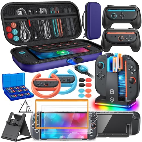 Switch 2 Zubehör, [Lade innen] Tasche Bundle für Switch 2 Konsole (Blau) | FYOUNG 22-in-1-Set: Tragetasche, Controller-Ladestation, Schutzhülle, Griff für Joy Con, Lenkrad für Mario Kart