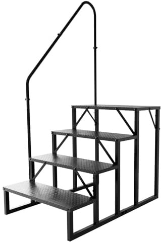 Step Ladder, Heavy Duty Pool Ladder Above Ground 660Lbs, Camper Steps Outdoor Steps RV Stairs for Reaching High, Portable Home Stairs for Travel Trailer (4 Step with 1 Handrail)
