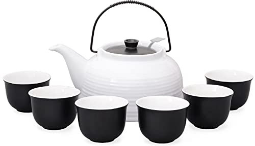 Aricola Teeservice „Nelly“. Moderne Teekanne 1,5 Liter in weiß/schwarz aus hitzebeständiger Keramik mit Edelstahlfilter und 6 Teecups 120ml in weiß/schwarz.