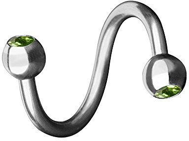 Piersando Piercing Spirale Stab Gebogen Twist Doppel Kristall Kugel für Lippen Lippe Labret Lippenpiercing Ohr Tragus Helix Ohrpiercing Silber Grün 1,2mm x 8mm x 3mm