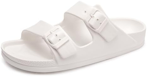 FUNKYMONKEY Women's Comfort Slides with Arch Support, Non-Slip Lightweight Foam Slip-on Flat Beach Sandals with Adjustable Buckle for Vacation & Everyday Wear(8 M US-Women, White)