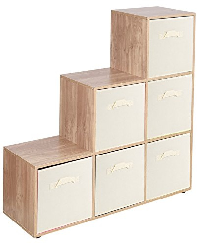 URBNLIVING Estantería de 6 cubos en forma de escalera con 6 cajones, Cream Drawers, Oak 6 Cubes