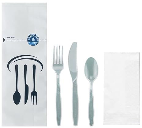 Pack of 20 Individually Wrapped Cutlery Sets. Recyclable Advanced Quality Reusable Cutlery. Each Set Contain Fork, Knife, Spoon and Napkin Wrapped Using Tear-Off Perforation Paper Bags (White-Clear)