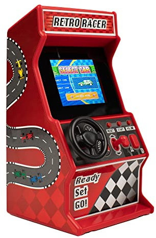 Mini máquina de Carreras Arcade, 30 Juegos de Carreras de 8 bits Integrados, Juegos de automóviles, Bicicletas, Botes y esquí, Pantalla de 2,4 Pulgadas, Volante, ThumbsUp!