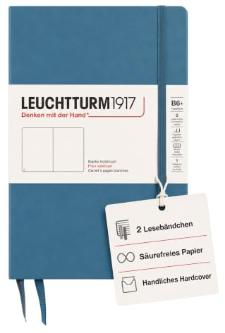 LEUCHTTURM1917 Notizbuch Paperback B6+ Hardcover, Stone Blue | 219 nummerierte Seiten, Blanko, Fadenheftung, 80 g/m² chamoisfarbenes Papier