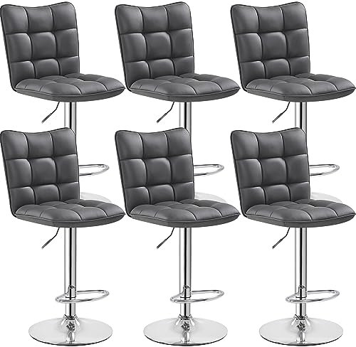 Yaheetech 6er Set Barhocker Barstühle 360°Drehbar Küchenstühle mit Rückenlehne und Fußstütze, Barstuhl PU-Kunstleder Sitzhöhe 62,5 cm - 83 cm für die Küche/Bar/Salon, Höhenverstellbar Grau