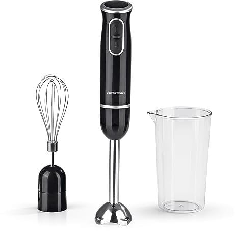 GOURMETmaxx Stabmixer Set |Rührgerät zum Aufschlagen von Sahne | Elektrischer Pürierstab zum Zerkleinern & Mixen | inkl. Schneebesen & Messbecher (600ml) | Mit ergonomischem Griff | [schwarz]