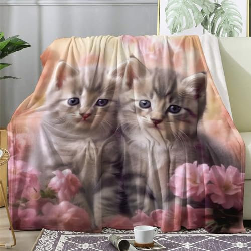 ECOTOS Kuscheldecke Katzen Floral Flauschig Decke 220x240 Kätzchen Blumen Fleecedecke Sofadecke Couchdecke, Flanell Decken Blanket, Große XXL Wohndecke Weich