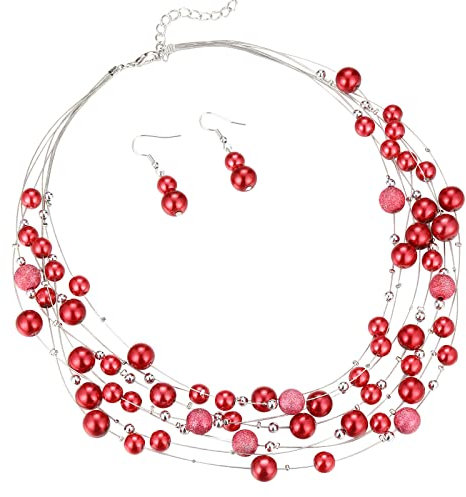 FULU AUTUMN Boho Perlenkette Damen Silber Statement Kette Mehrreihige Modeschmuck Geburtstagsgeschenk für Frauen(37-Red)
