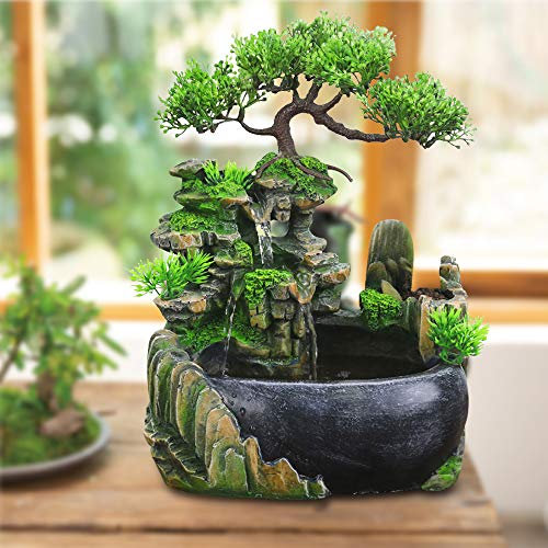 Fontaine d'intérieur avec éclairage LED - Fontaine de table - Cascade d'intérieur - Jardin de rocaille - Fontaine d'intérieur - Plante verte - Pour la maison, le bureau, la chambre à coucher, le