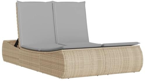 vidaXL Sonnenliege, Doppelliege mit Auflagen, Gartenliege Verstellbare Rückenlehne, Relaxliege Liege Gartenmöbel, Beige Poly Rattan