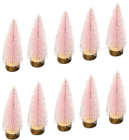 10pcs 4inch Mini Christmas Tree Bottle Brush Trees Chrismas Village Trees Ornaments Mini Plastic Christmas Trees with Wooden Base for Christmas Decoration Miniature Chrismas Tree (Pink)