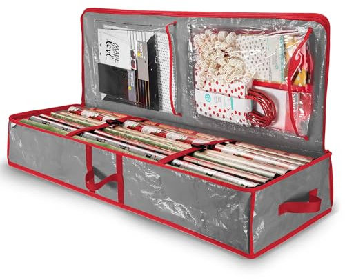 Wrapping Paper Storage - Holiday Décor Storage Bag, Waterproof Polyethylene, 14x40x6, Holds 18 Rolls of Wrapping Paper, Featuring Clear Pockets Grey