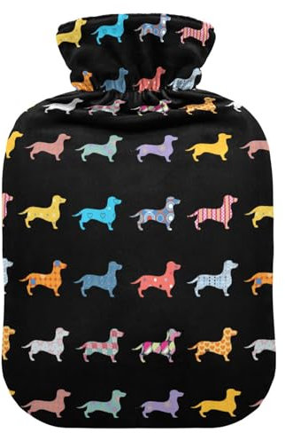 Wärmflasche mit Bezug, Hunde-Dackel, bunt, 2 l, auslaufsicher, Wärmbeutel für Hand-, Fußwärmer, Nacken-, Schulter-, Rücken-, Muskelschmerzlinderung, Kältekompresse