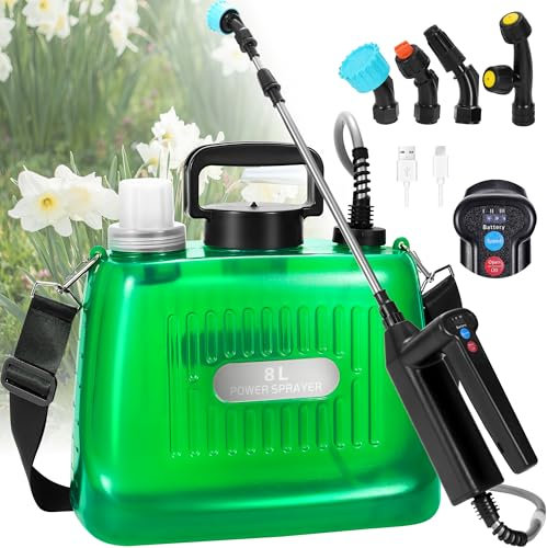 DOUBFIVSY Spruzzatore Elettrico per Piante da 8L, Aggiornato Nebulizzatore a Pressione da Giardino con 4 Ugelli Regolabile, 3 Velocità Regolabile, Indicatore di Livello della Batteria (8L)