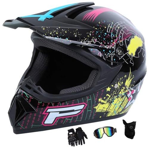 Motocross-Helm mit Schutzbrille, Handschuhe, Maske, Motorrad-Crosshelm, Damen-Integralhelm, MTB, Kind, Off-Road-Cross-Helm, Downhill, BMX(P2,XL (58-59cm))