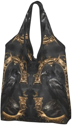 TZTTZT Wiederverwendbare Einkaufstasche, faltbar, Gothic-Raben-Portrait, Einkaufstasche mit Griffen, Schwarz, 1 PC