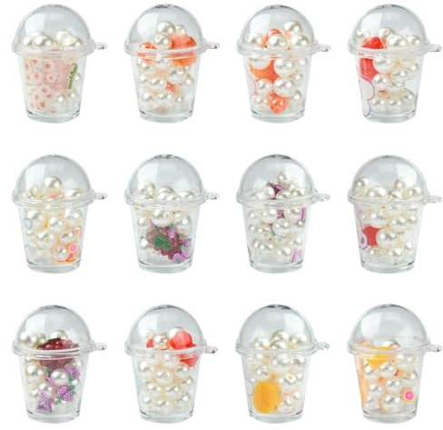 Stiesy 12Pcs Milk Tea Cup Charms with Fruit Beads Acrylic White Pearl Round Beads Charm Bubble Tea Cup Pendants Charms for Jewellery Bracelet Crafts Necklace Earrings Making