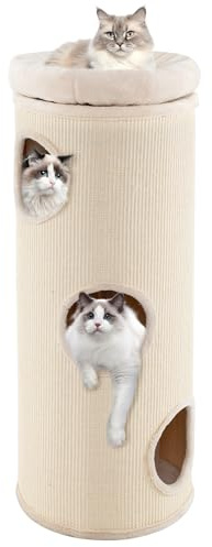 Tangkula 4 Story Cat Tree Condo, 49” Barrel-Shaped Cat House with Detachable Sisal Scratching Board, 3 Hideaways & Removable Soft Top Plush Bed, Interior Bamboo Mat, Modern Cat Tower for Indoor Cats