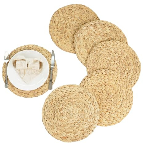 Fhuopoer Round Woven Placemats Set of 6, 11.8 Natural Water Hyacinth Table Mats for Dining Table, Heat Resistant Rattan Style Wicker Place Mats, Thick Braided Farmhouse Kitchen Rustic Boho Decor
