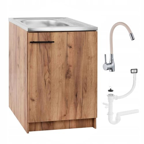 Stamar Küchenschrank 60 cm Eiche Gold Spüle 1-Kammer Armatur Beige Flex Set Standschrank 60cm Tiefe Elastisch Siphon
