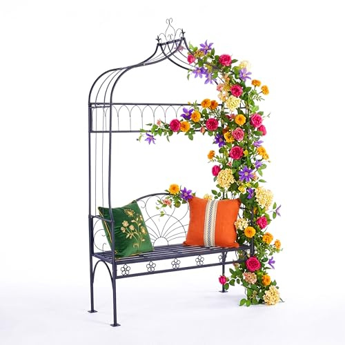 Relaxdays Rosenbogen mit Bank, Metall, Garten, HxBxT: 220 x 122 x 43 cm, Stabiler Rankbogen für Kletterpflanzen, schwarz