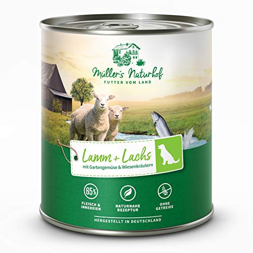 Müllers Naturhof - Lamm und Lachs - 6 x 800 g - Nassfutter für alle Hunderassen - getreidefrei und glutenfrei - mit Gartengemüse und Wiesenkräutern - naturnahe Rezeptur mit 65% Fleisch und Fisch