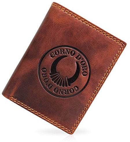 Corno d´Oro Leder Geldbeutel Männer TÜV-geprüfter RFID Blocker I Herren Geldbörse mit Münzfach I schlankes Portemonnaie braun Geschenkbox