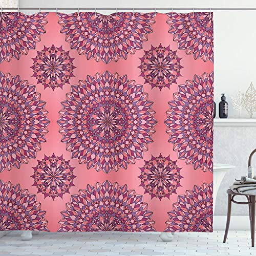ABAKUHAUS lila Mandala Duschvorhang, Bohemien, Stoffliches Gewebe Badezimmerdekorationsset mit Haken, 175 x 200 cm, Fuchsienfarben Korallenrot