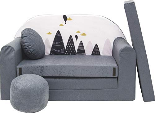 Pro Cosmo umwandelbares Kindersofa – perfekt zum Spielen und Schlafen – mit Abnehmbarer Matratze, Kissen und Pouf – 98 x 168 x 59 cm – leicht und einfach zusammenklappbar – Farbe AX2 Grau, Berggipfel