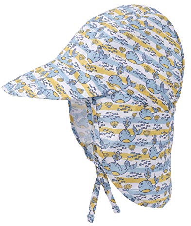 Sonnenhut mit Nackenschutz Baby Schirmmütze Anti-UV UPF 50 Hut Mütze mit Verstellbarer Kinnriemen, Strandhut Sommer Outdoor Flapper Hat für Säugling Kinder Kleinkind Wal