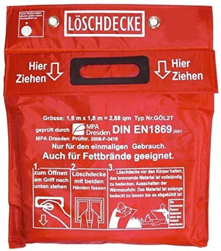 Brandengel Qualitäts Löschdecke Fettbranddecke/Geprüft MPA Dresden DIN EN 1869:2001/1,60 x 1,80 m (auch für Fettbrände) roter Tasche Klettverschluß 2 Ösen Hitzebeständigem Glasgewebe Grifftaschen
