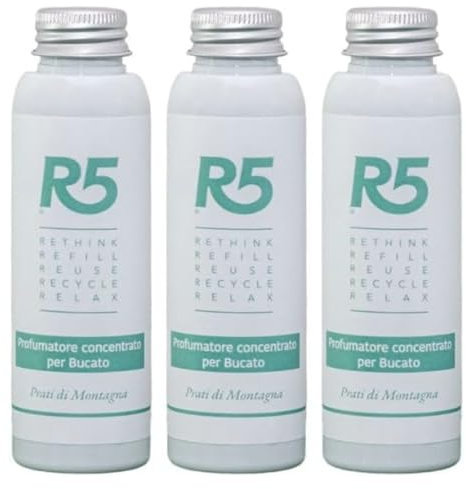 R5, Profumatore Bucato Concentrato, 3 Pezzi, 99 Lavaggi, con Igredienti Biodegradabili, Profumo Intenso e Duraturo di Prati di Montagna, per Lavatrice, Asciugatrice e Cassetti