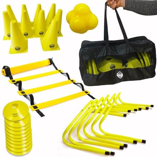 Football Master ™ Football Fitness Speed Training Equipment Exercise Aid Set 6 X Speed Hurdles 1 x 6 metre Agility ladder with 12 Rungs 10 X Traffic Cones,10 marker cones 1 X Reaction Ball Carry bag