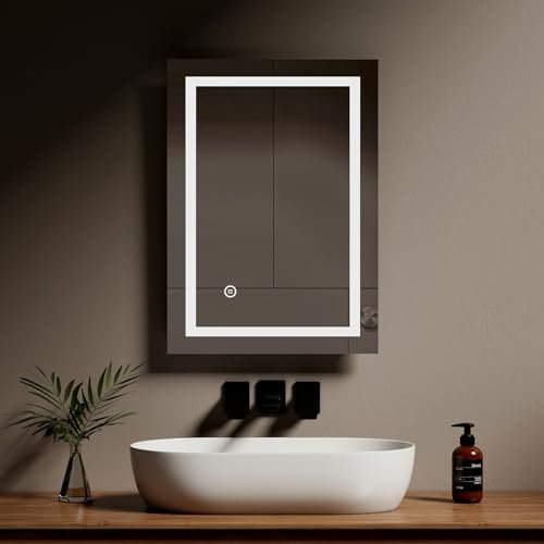 EMKE 500 x 700mm LED Illuminated Bathroom Mirror with Shaver Socket | Touch Switch | Demister Pad, Wall-Mounted Vanity Multifunction Mirror, Energy-Saving Illuminated Mirror [Horizontal/Vertical]