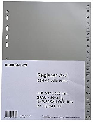 10x mybuy-24 Register A4 A-Z 20-teilig, volle Höhe, Universallochung PP Kunststoff grau 225 x 297mm Trennblätter Buchstaben 10er Sparpack