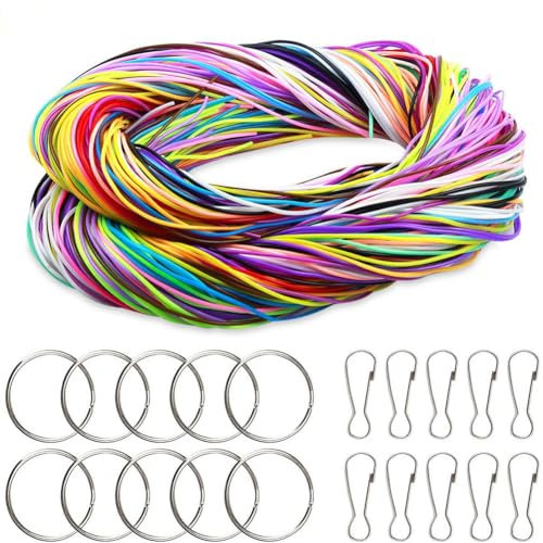 Queta 200 x Elastic Cords, Plastic Braided Coloured Lacing Ropes for Crafts, Friendship Bracelets, Handmade DIY Rope, 10 Keyrings and 10 Hooks