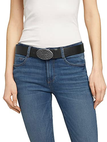 TOM TAILOR Damen Gürtel & Riemen Ledergürtel runder geprägter Schnalle black uni,75,9000,2999