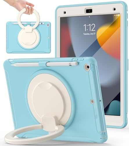 BATYUE Schutzhülle für iPad 9. / 8. / 7. Generation (iPad 10.2 Hülle 2021/2020/2019) mit Displayschutzfolie, robuste Hülle mit drehbarem Ständer, Stifthalter, Stifthalter, Stifthalter, Eiskönigin-Blau