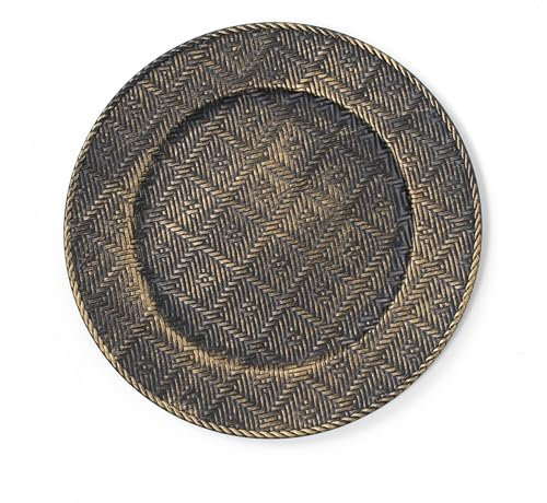 Rammento Set of 4 Brushed Gold Charger Plates | Elegant Plaid Woven Effect | Stylish Tableware for Special Events, Christmas Dinner Set, and Birthday Decorations | Dining Set for 4
