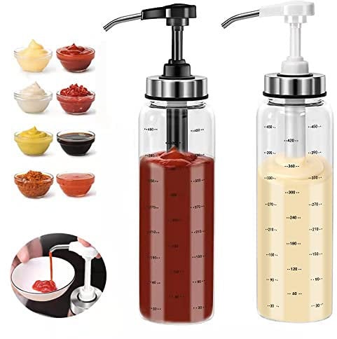 EHUNYELF Condiment Press Bottles, Coffee Syrup Pump Dispenser- No Drip, Glass Pump Dispenser 17 OZ, Dispenser Great for Ketchup, Salad, BBQ Sauce,Honey, Oyster Sauce, Oil.(2 Pack)