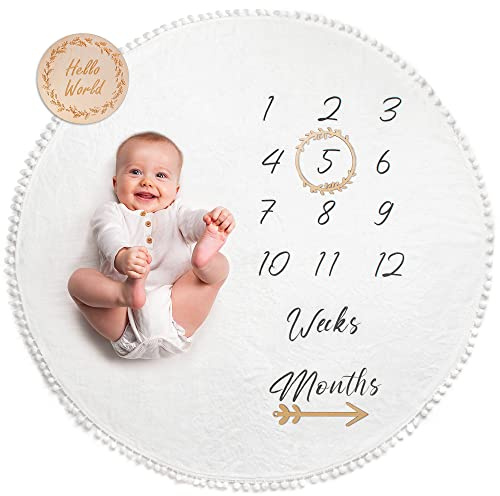 Baby Milestone Decke | Runde monatliche Fotomatte für Junge oder Mädchen, Unisex | geschlechtsneutral | personalisiertes Babypartygeschenk für Neue Mütter | Altersmatte | inkl. Holzrahmen