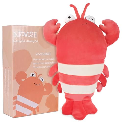 Infowush Almohadilla térmica para microondas para aliviar el dolor, almohadilla térmica de felpa de langosta con aroma a lavanda extraíble, animal de peluche calentable, terapia caliente para