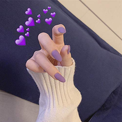 Allereya 24 uñas postizas cortas y ovaladas, color morado, uñas de bailarina brillantes, uñas acrílicas totalmente opacas, uñas francesas, consejos para mujeres y niñas, color morado